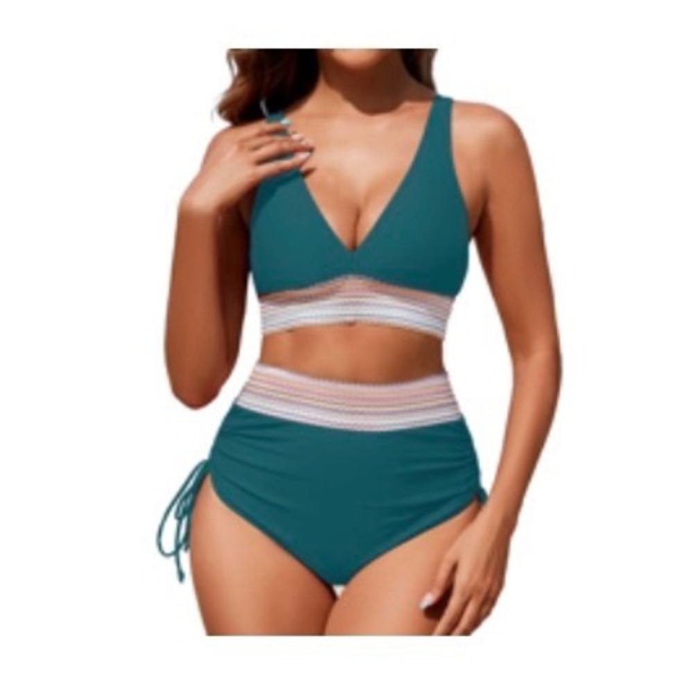 Zuvebamyo Women Teal HighWaisted Bikini Set V-Neck Two Piece Swimsuit Size M NEW